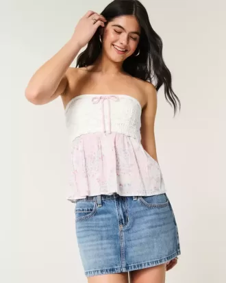 Blusa sin tirantes de mezcla de telas estilo crochet fácil