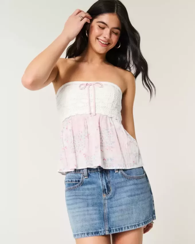 Blusa sin tirantes de mezcla de telas estilo crochet fácil