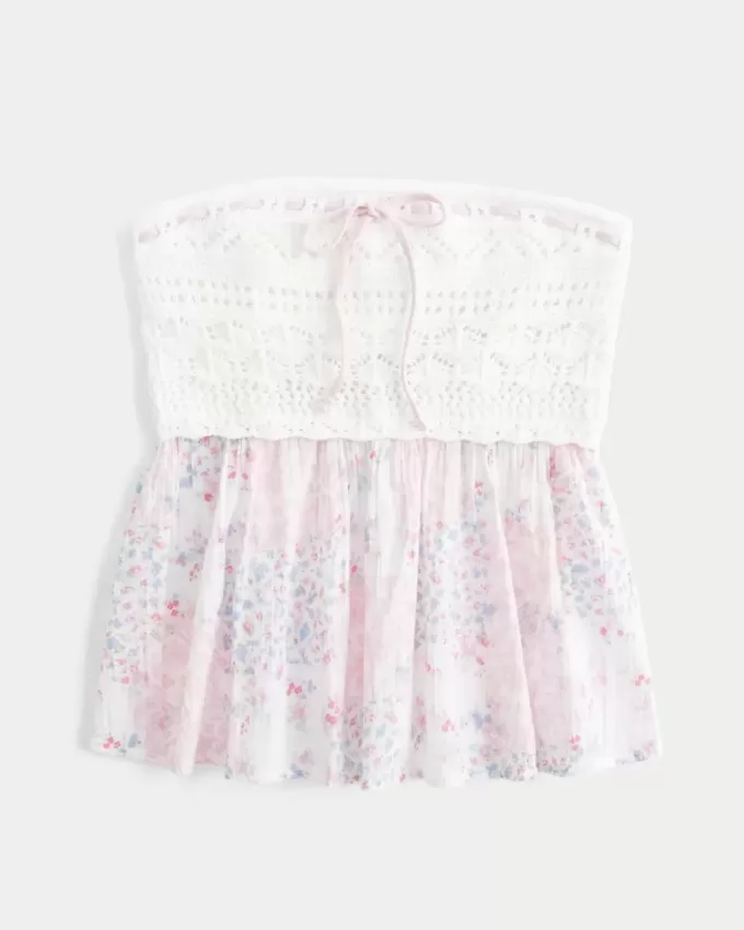 Blusa sin tirantes de mezcla de telas estilo crochet fácil