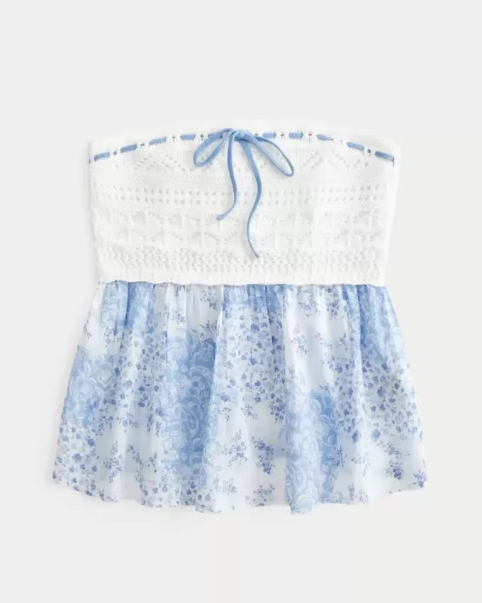 Blusa sin tirantes de mezcla de telas estilo crochet fácil