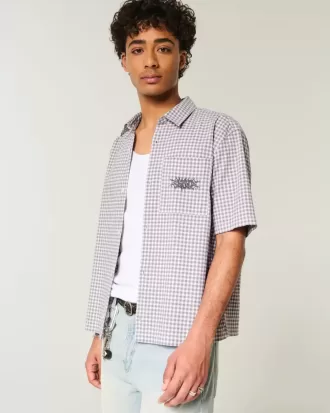 Camisa bordada de manga corta con gráficos cuadrados