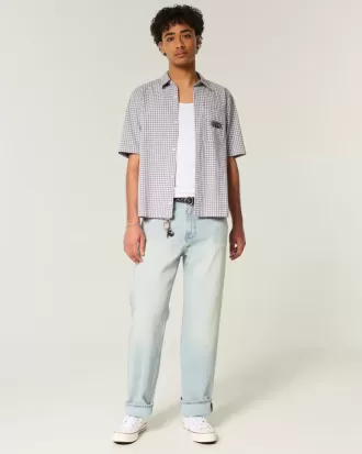 Camisa bordada de manga corta con gráficos cuadrados