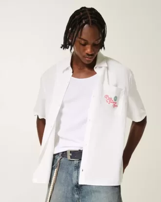 Camisa cuadrada de lino de manga corta con estampado de flamenco rosa y luna