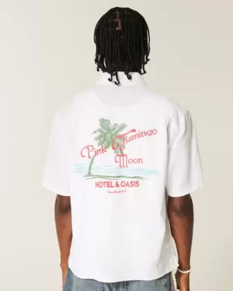 Camisa cuadrada de lino de manga corta con estampado de flamenco rosa y luna