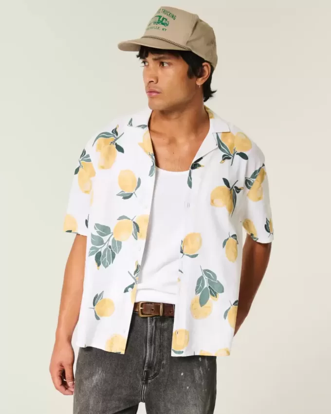 Camisa cuadrada de mezcla de lino con estampado de limones
