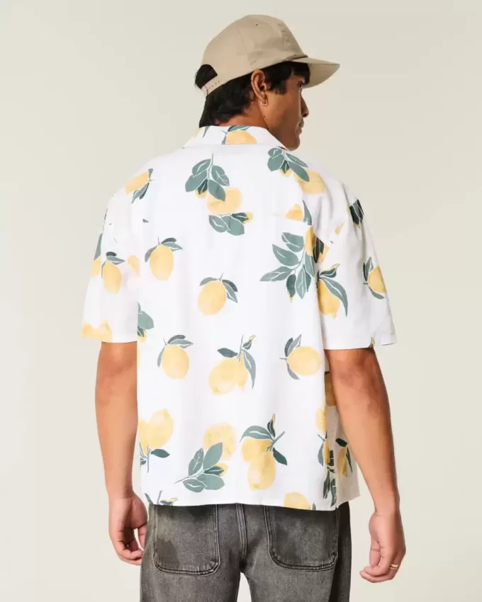 Camisa cuadrada de mezcla de lino con estampado de limones