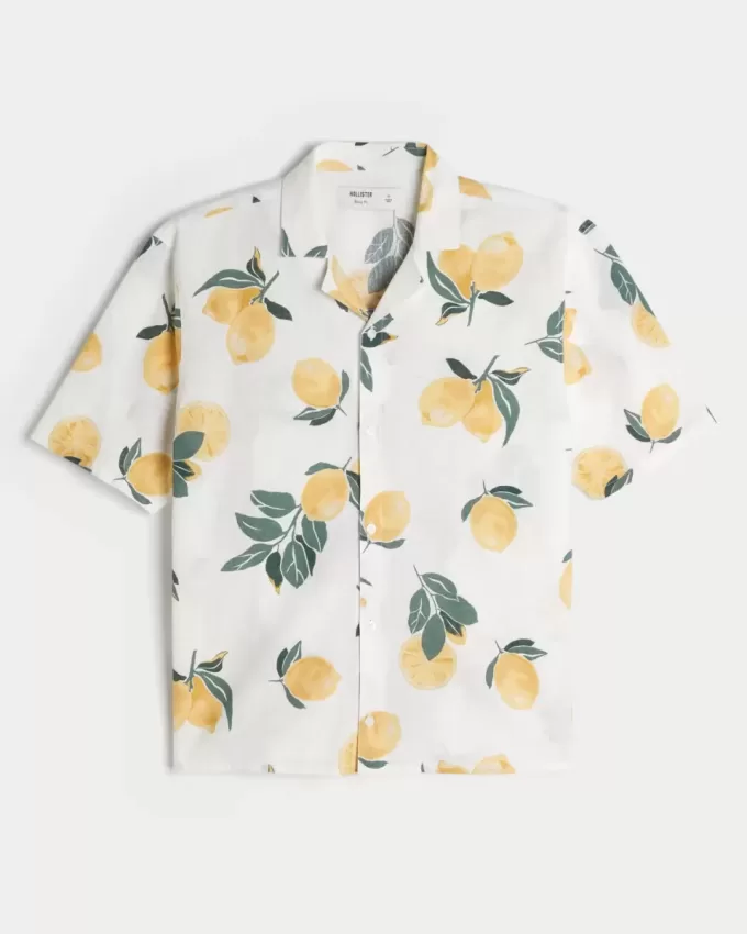 Camisa cuadrada de mezcla de lino con estampado de limones