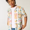 Camisa cuadrada de mezcla de lino con estampado de sellos