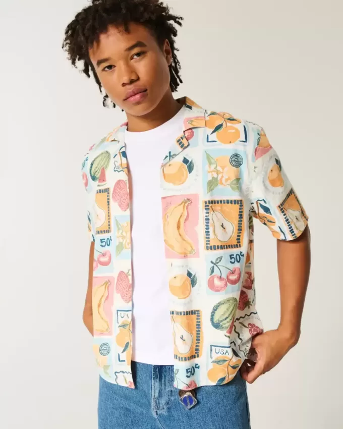 Camisa cuadrada de mezcla de lino con estampado de sellos