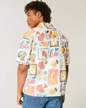 Camisa cuadrada de mezcla de lino con estampado de sellos