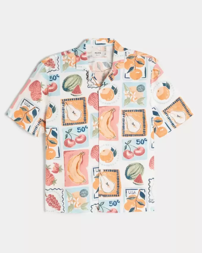 Camisa cuadrada de mezcla de lino con estampado de sellos