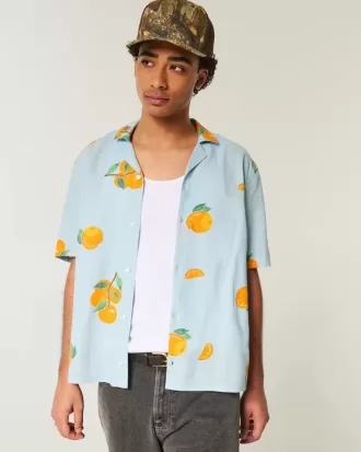 Camisa cuadrada de mezcla de lino con estampado naranja