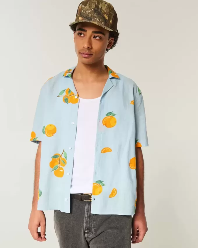 Camisa cuadrada de mezcla de lino con estampado naranja