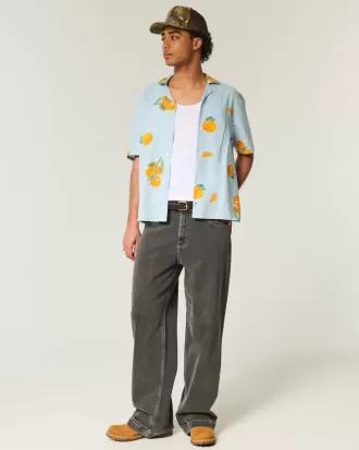 Camisa cuadrada de mezcla de lino con estampado naranja