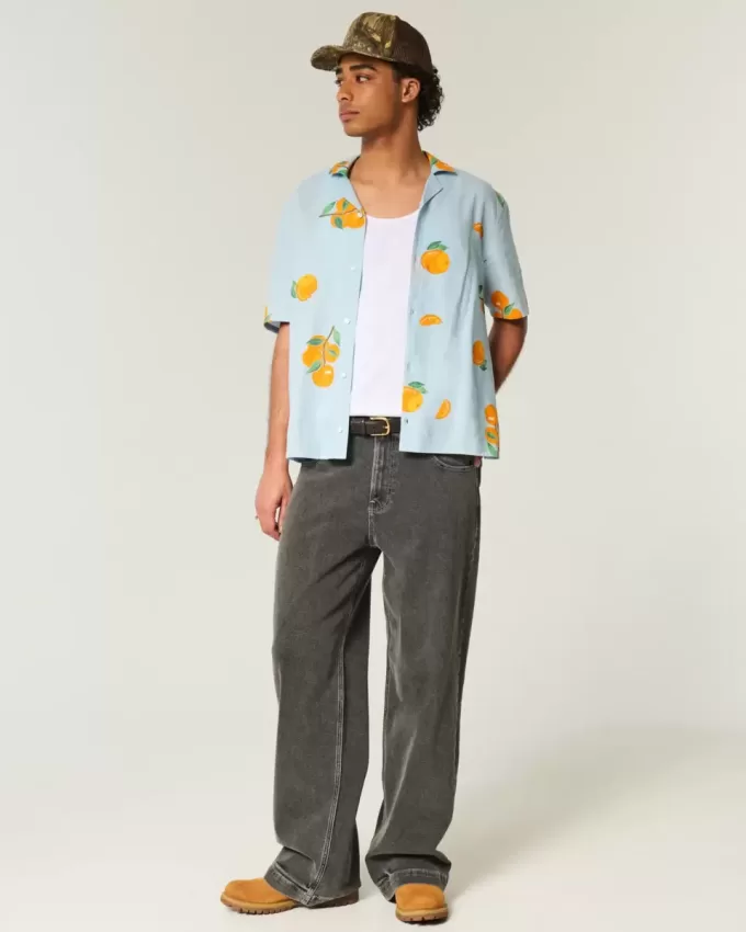 Camisa cuadrada de mezcla de lino con estampado naranja