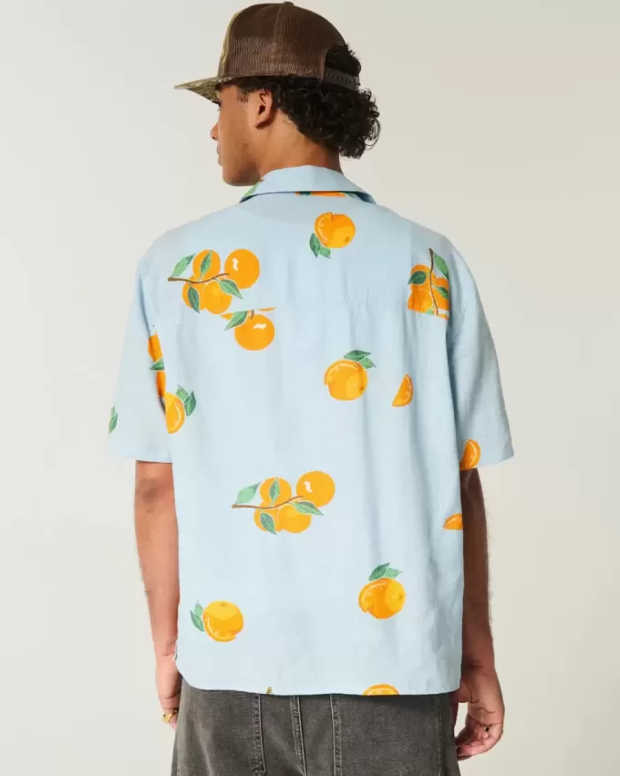 Camisa cuadrada de mezcla de lino con estampado naranja