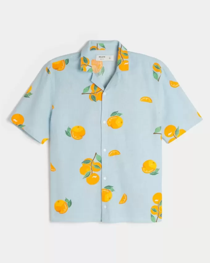 Camisa cuadrada de mezcla de lino con estampado naranja