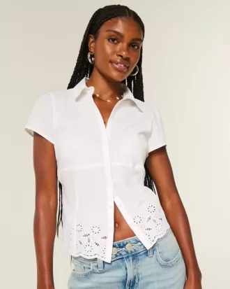 Camisa de manga corta bordada de popelina elástica