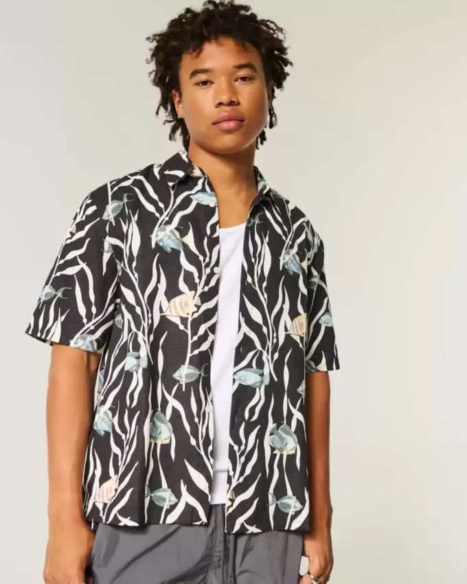 Camisa de mezcla de lino con estampado de peces tropicales Camisa de mezcla de lino con estampado de peces tropicales