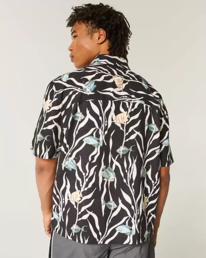Camisa de mezcla de lino con estampado de peces tropicales Camisa de mezcla de lino con estampado de peces tropicales