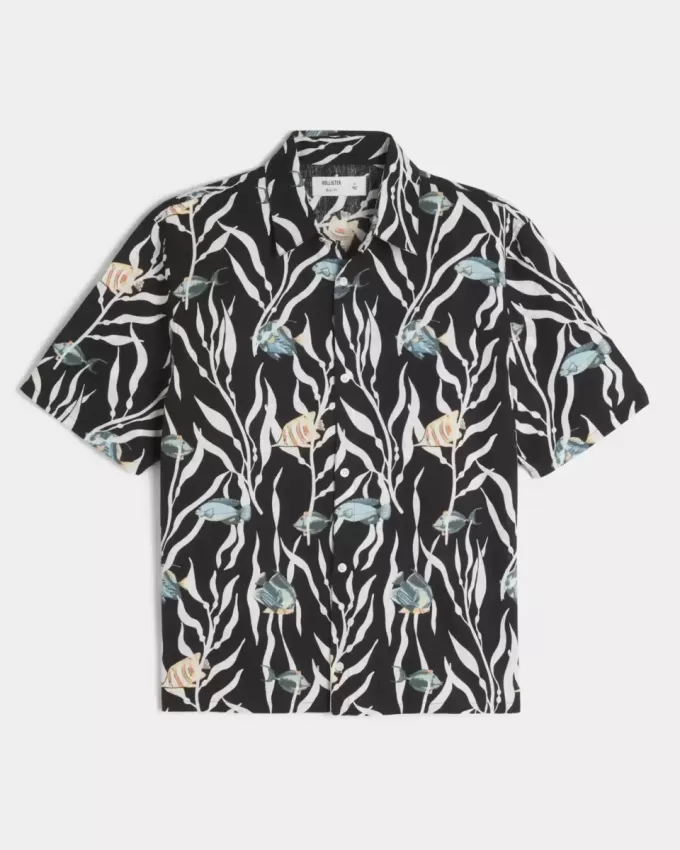 Camisa de mezcla de lino con estampado de peces tropicales Camisa de mezcla de lino con estampado de peces tropicales