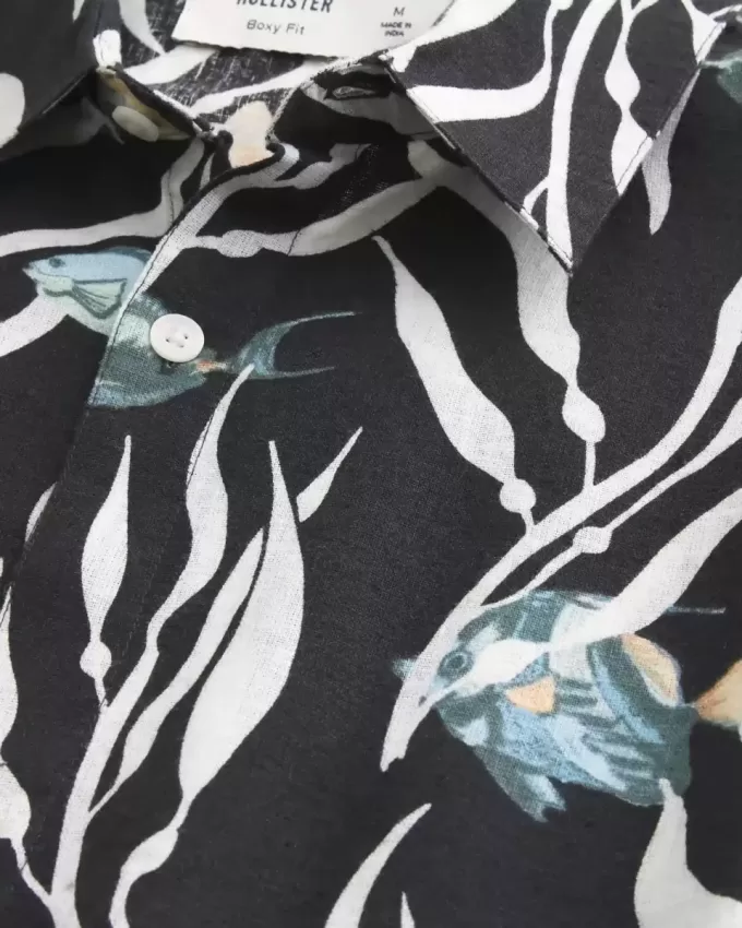 Camisa de mezcla de lino con estampado de peces tropicales Camisa de mezcla de lino con estampado de peces tropicales