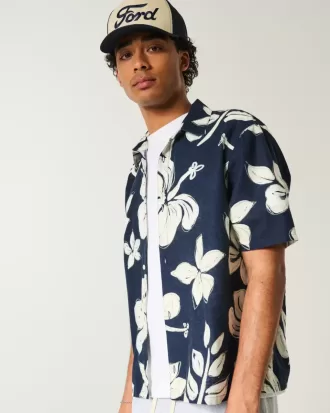 Camisa de mezcla de lino con estampado tropical cuadrado