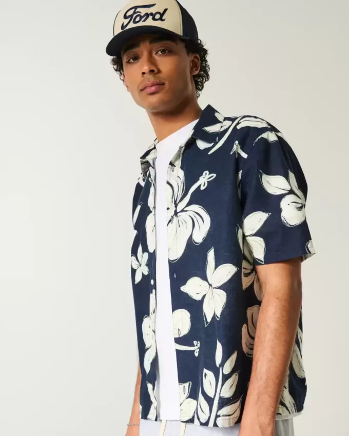 Camisa de mezcla de lino con estampado tropical cuadrado Camisa de mezcla de lino con estampado tropical cuadrado