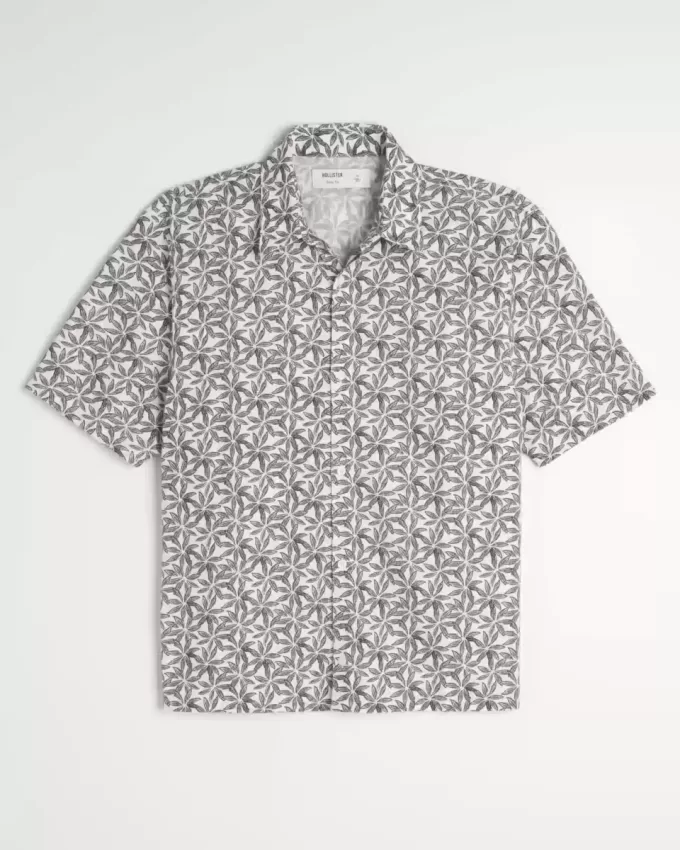 Camisa de mezcla de lino con estampado tropical cuadrado Camisa de mezcla de lino con estampado tropical cuadrado