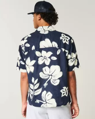 Camisa de mezcla de lino con estampado tropical cuadrado