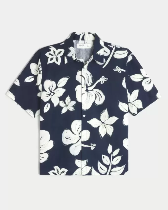 Camisa de mezcla de lino con estampado tropical cuadrado Camisa de mezcla de lino con estampado tropical cuadrado