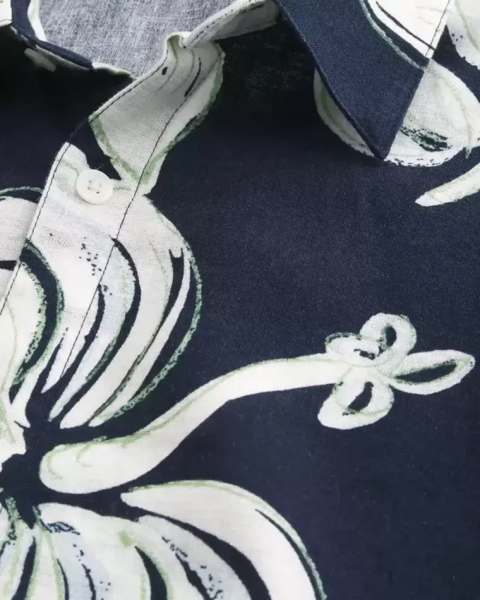 Camisa de mezcla de lino con estampado tropical cuadrado Camisa de mezcla de lino con estampado tropical cuadrado