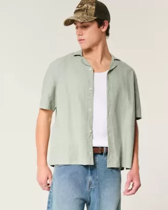 Camisa de mezcla de lino de manga corta y corte cuadrado