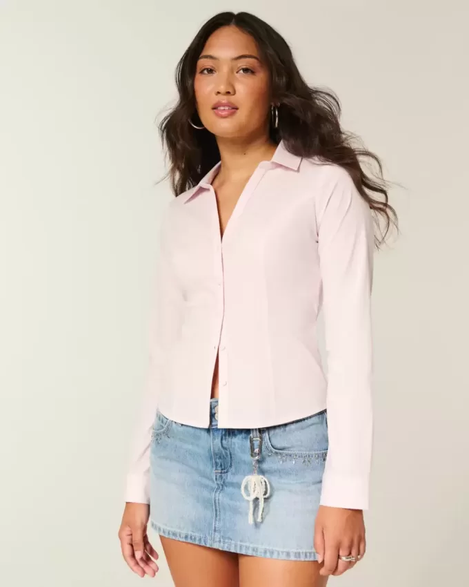 Camisa de popelina elástica con botones Camisa de popelina elástica con botones