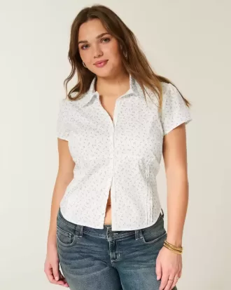 Camisa de popelina elástica de manga corta con botones