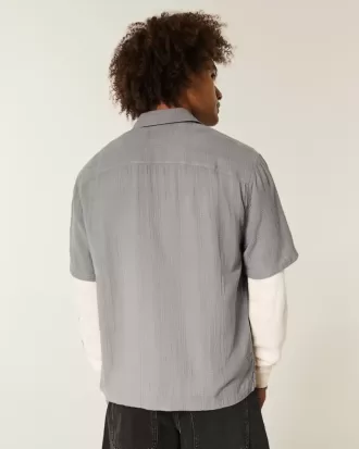 Camisa texturizada de manga corta de mezcla de lino con corte cuadrado Camisa texturizada de manga corta de mezcla de lino con corte cuadrado