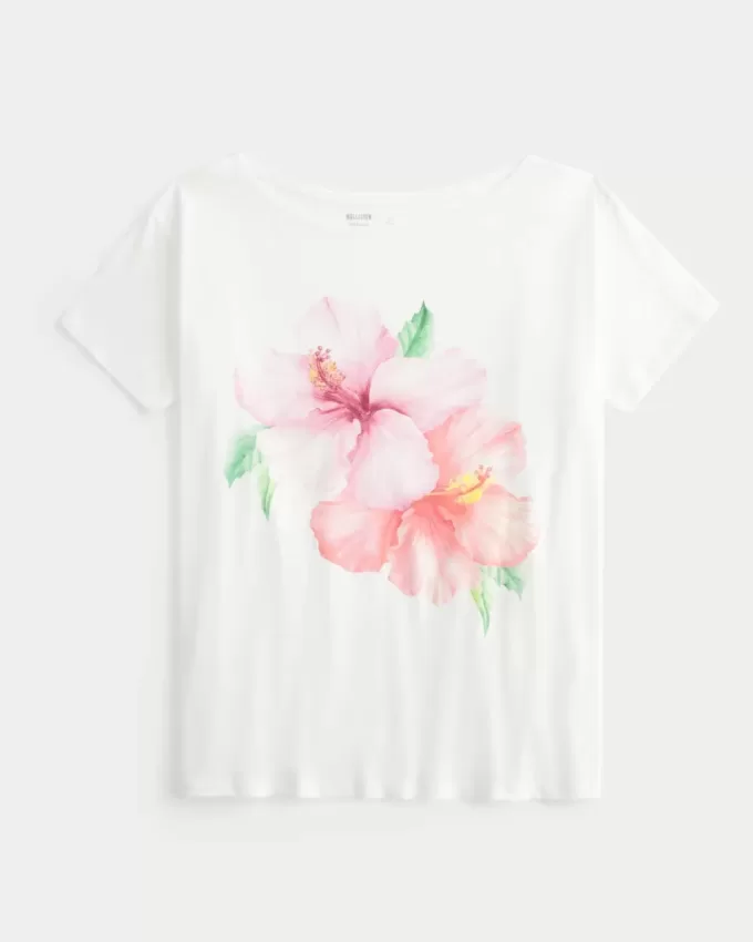 Camiseta con estampado de hibisco y hombros descubiertos