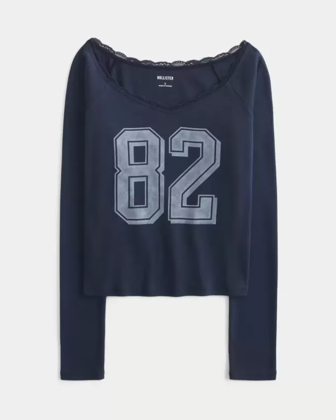 Camiseta con gráfico de números y hombros descubiertos con ribete de encaje
