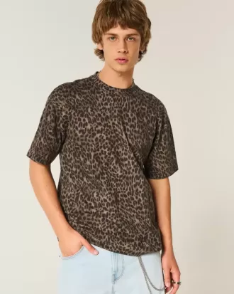 Camiseta de algodón con estampado de leopardo de peso pesado y corte cuadrado
