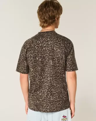 Camiseta de algodón con estampado de leopardo de peso pesado y corte cuadrado