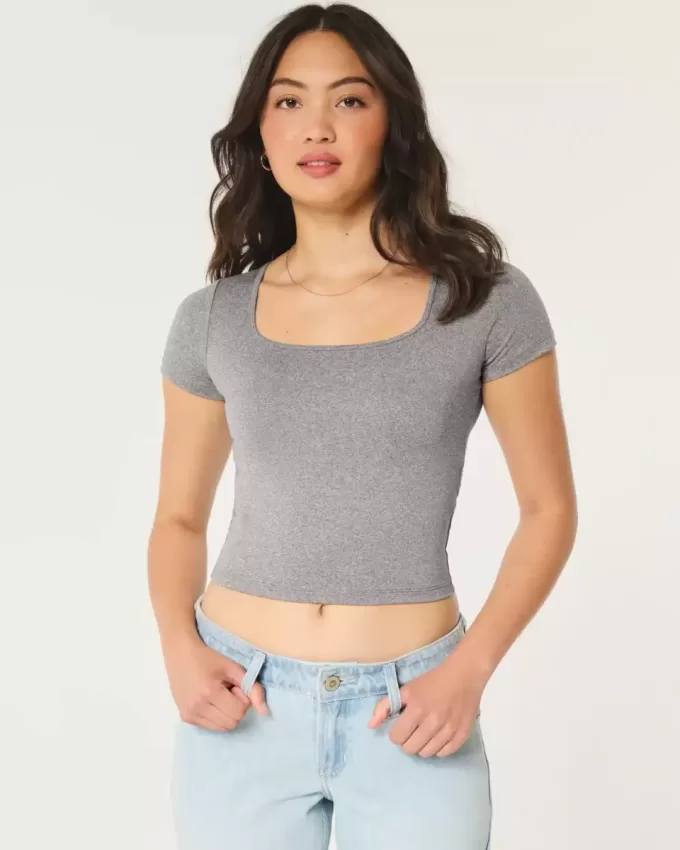 Camiseta de bebé de cuello cuadrado, de tela suave y elástica sin costuras