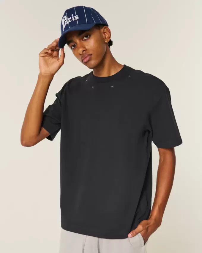 Camiseta de cuello redondo con adornos de estrellas y peso pesado de estilo cuadrado Camiseta de cuello redondo con adornos de estrellas y peso pesado de estilo cuadrado