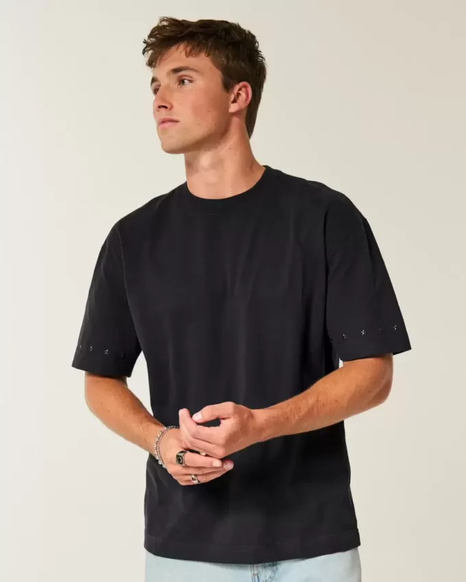 Camiseta de cuello redondo con adornos de estrellas y peso pesado de estilo cuadrado Camiseta de cuello redondo con adornos de estrellas y peso pesado de estilo cuadrado