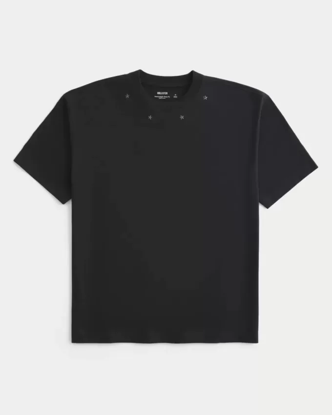 Camiseta de cuello redondo con adornos de estrellas y peso pesado de estilo cuadrado Camiseta de cuello redondo con adornos de estrellas y peso pesado de estilo cuadrado