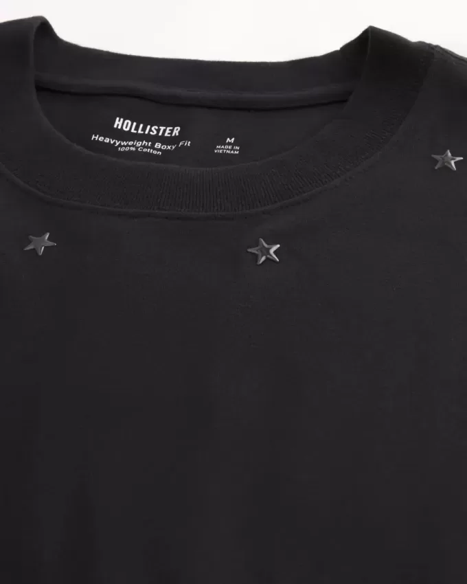Camiseta de cuello redondo con adornos de estrellas y peso pesado de estilo cuadrado Camiseta de cuello redondo con adornos de estrellas y peso pesado de estilo cuadrado