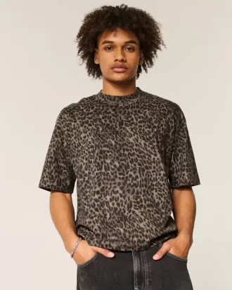 Camiseta de cuello redondo con estampado de leopardo de corte cuadrado y peso pesado Camiseta de cuello redondo con estampado de leopardo de corte cuadrado y peso pesado