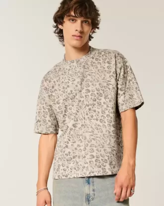 Camiseta de cuello redondo con estampado de leopardo de corte cuadrado y peso pesado Camiseta de cuello redondo con estampado de leopardo de corte cuadrado y peso pesado