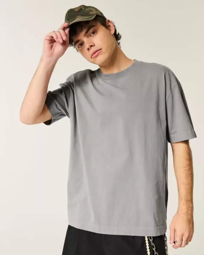Camiseta de cuello redondo de peso pesado lavada y cuadrada Camiseta de cuello redondo de peso pesado lavada y cuadrada