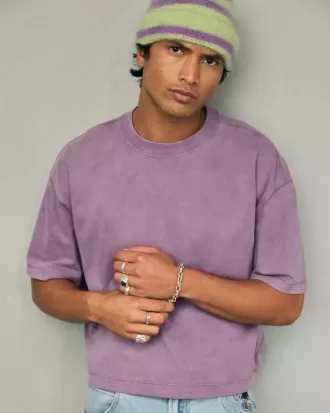 Camiseta de cuello redondo lavada de peso pesado y corte cuadrado