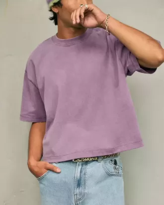 Camiseta de cuello redondo lavada de peso pesado y corte cuadrado